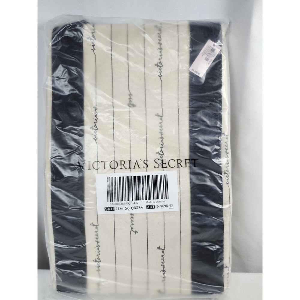 NWT VICTORIA'S SECRET Cursive Script Black Beige Canvas Tote Weekender Bag